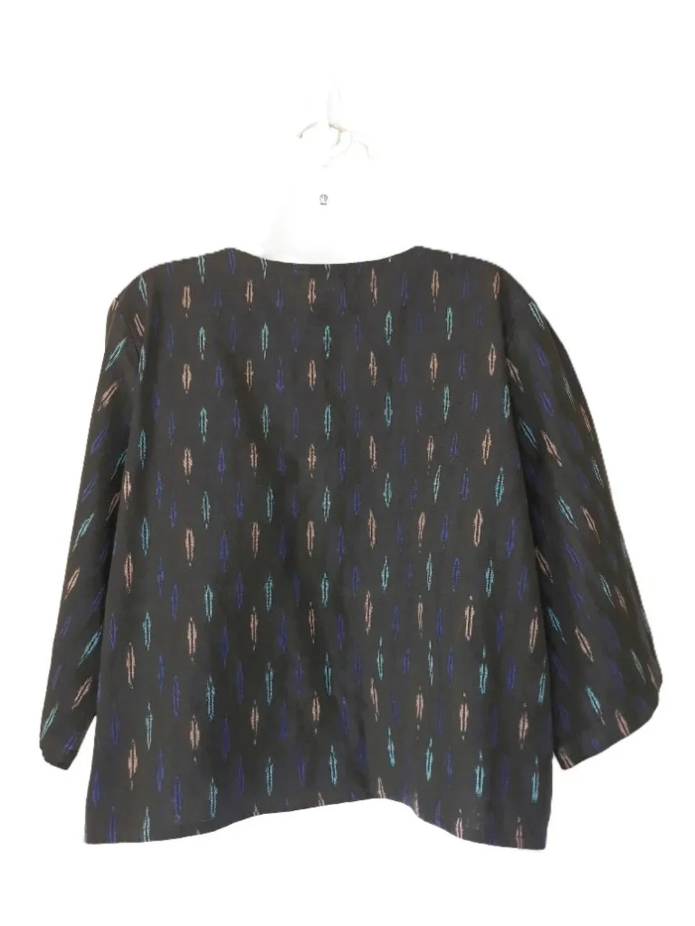 Artsy Jacket Boxy Open Front Block Stamped Cotton 3/4 Sleeves
